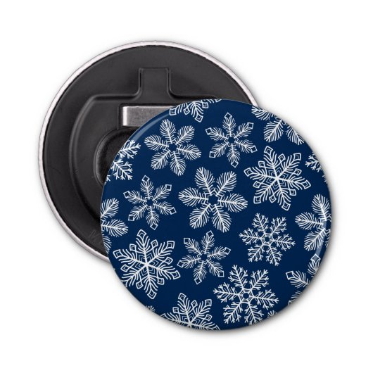 Sneeuwvlokken op donkerblauw button flesopener (Voorkant)