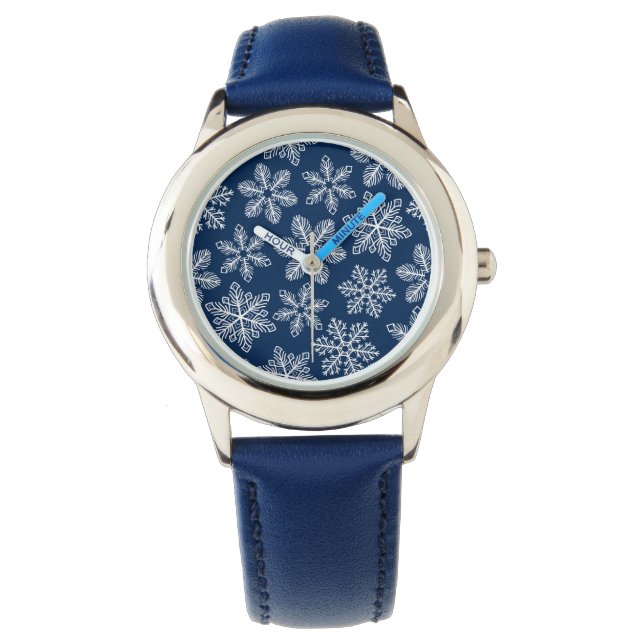 Sneeuwvlokken op donkerblauw horloge (Voorkant)