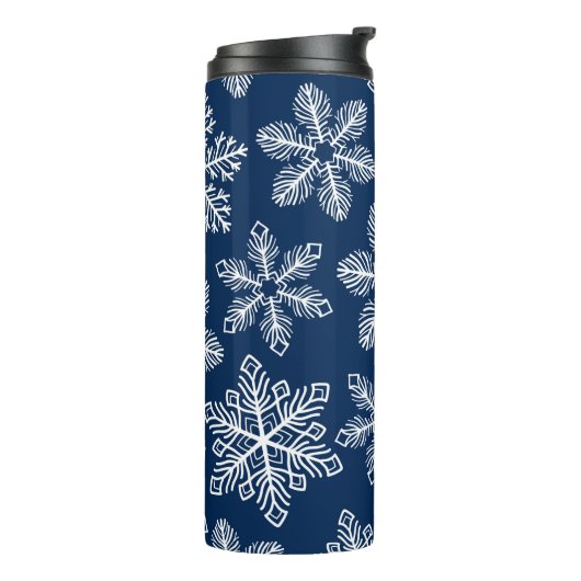 Sneeuwvlokken op donkerblauw thermosbeker (Gedraaid links)