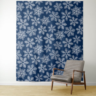 Sneeuwvlokken op donkerblauw wandkleed