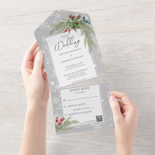 Sneeuwvlokken op grijs met dennentakken QR-code All In One Uitnodiging (Afscheurbaar)