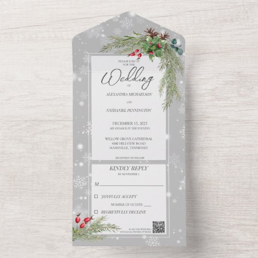 Sneeuwvlokken op grijs met dennentakken QR-code All In One Uitnodiging (Binnen)