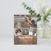 Sneeuwvlokken op multifotocollage van bijtend hout feestdagenkaart (Staand voorkant)