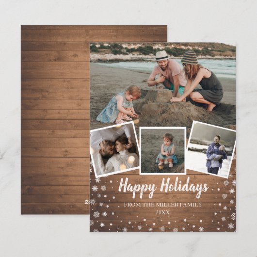Sneeuwvlokken op multifotocollage van bijtend hout feestdagenkaart (Voorkant / Achterkant)
