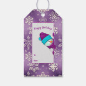 sneeuwvlokken op paars met sneeuwpop cadeaulabel (Voorkant)