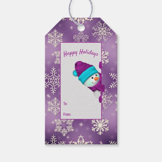 sneeuwvlokken op paars met sneeuwpop cadeaulabel (Voorkant)