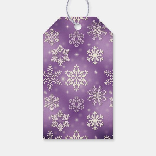 sneeuwvlokken op paars met sneeuwpop cadeaulabel (Achterkant)