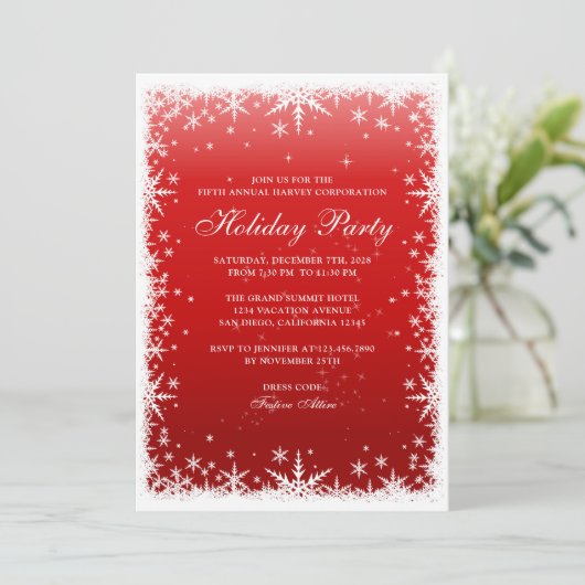 Sneeuwvlokken op Red Corporate Holiday Party Kaart (Staand voorkant)