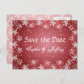 Sneeuwvlokken op rode bruiloft Save the date Brief Aankondigingskaart (Voorkant / Achterkant)