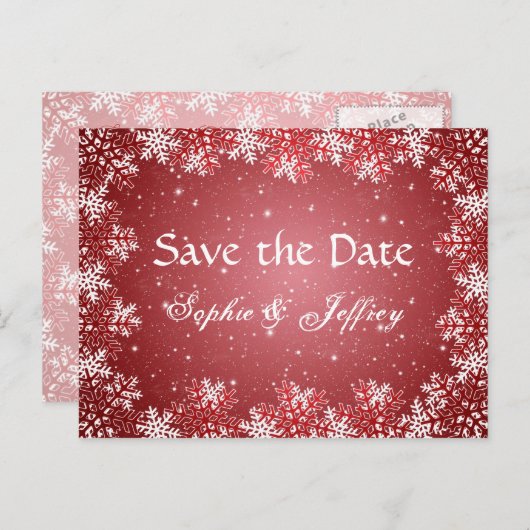 Sneeuwvlokken op rode bruiloft Save the date Brief Aankondigingskaart (Voorkant / Achterkant)