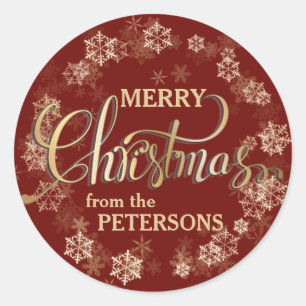 Sneeuwvlokken op Rode Gouden Brief Vrolijke Kerstm Ronde Sticker