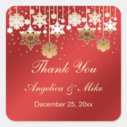 Sneeuwvlokken op rode kerst-thank you-sticker vierkante sticker (Voorkant)