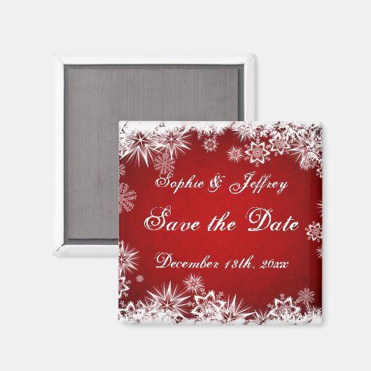 Sneeuwvlokken op rood Save the Date Magnet (Voorkant / Achterkant)