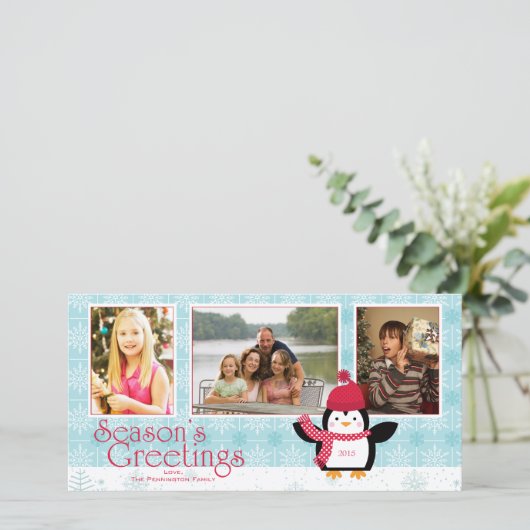 Sneeuwvlokken pinguïn seizoen groeten 3 foto kaart (Staand voorkant)