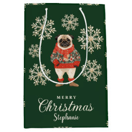 Sneeuwvlokken Pug Dog Green Christmas Gift Bag Medium Cadeauzakje