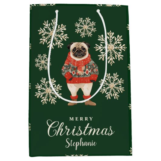 Sneeuwvlokken Pug Dog Green Christmas Gift Bag Medium Cadeauzakje (Voorkant)