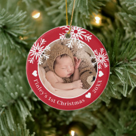 Sneeuwvlokken Rode Baby's Eerste Kerst Foto Keramisch Ornament