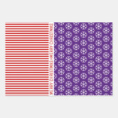 Sneeuwvlokken, rode strepen met kerstbomen blauw inpakpapier vel (Voorkant)