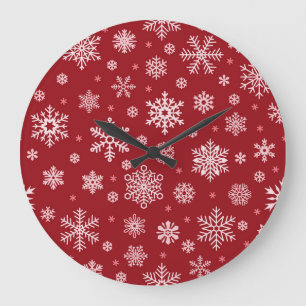 Sneeuwvlokken, rood decor, kerstpatroon. grote klok