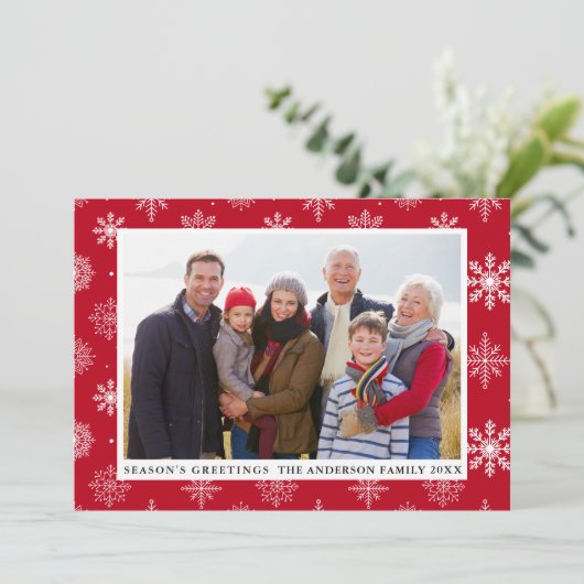 Sneeuwvlokken rood feestdagenkaart (Staand voorkant)