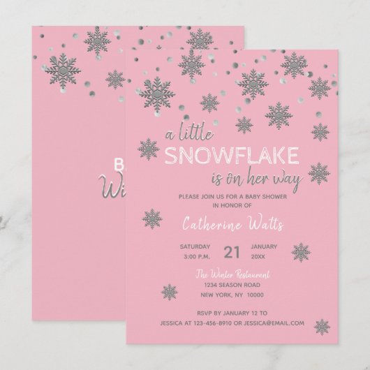 Sneeuwvlokken Roze Zilver Grijs BABY SHOWER | meis Kaart (Voorkant / Achterkant)