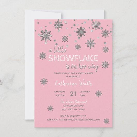 Sneeuwvlokken Roze Zilver Grijs BABY SHOWER | meis Kaart (Voorkant)