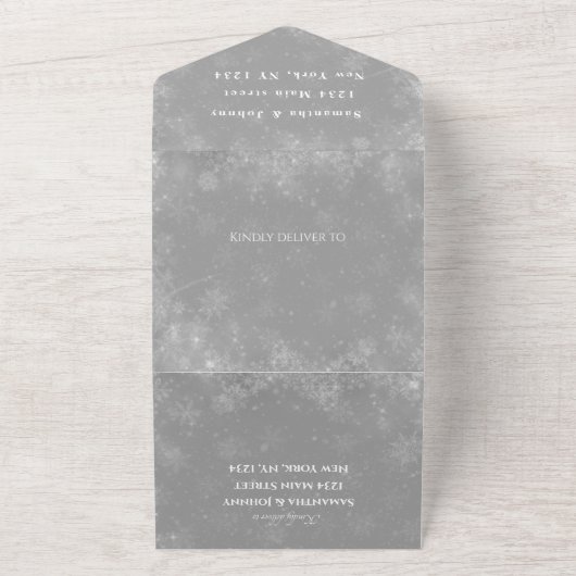 Sneeuwvlokken Sneeuwgrijze winterWonderland Wedden All In One Uitnodiging (Buitenkant)