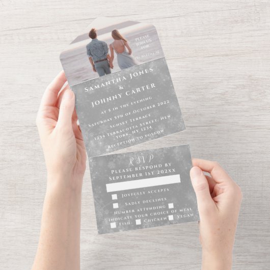 Sneeuwvlokken Sneeuwgrijze winterWonderland Wedden All In One Uitnodiging (Afscheurbaar)