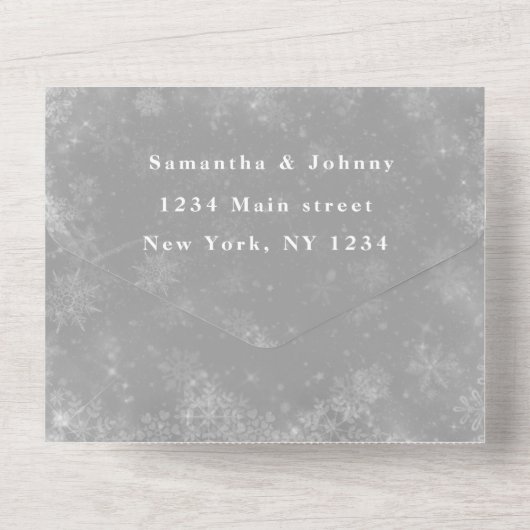 Sneeuwvlokken Sneeuwgrijze winterWonderland Wedden All In One Uitnodiging (Achterkant)