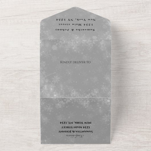 Sneeuwvlokken Sneeuwgrijze winterWonderland Wedden All In One Uitnodiging (Buitenkant)