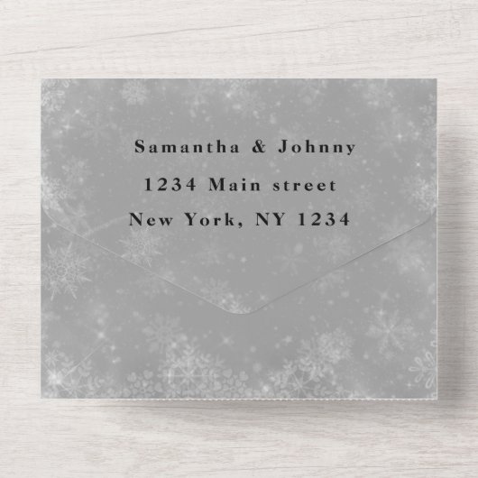 Sneeuwvlokken Sneeuwgrijze winterWonderland Wedden All In One Uitnodiging (Achterkant)