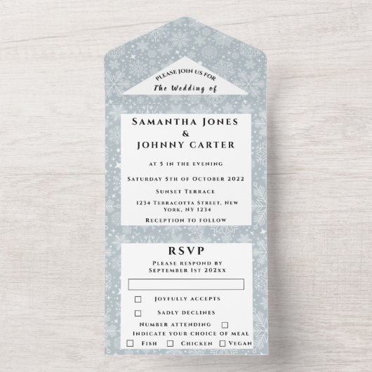 Sneeuwvlokken Sneeuwgrijze winterWonderland Wedden All In One Uitnodiging (Binnen)