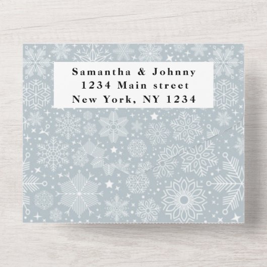 Sneeuwvlokken Sneeuwgrijze winterWonderland Wedden All In One Uitnodiging (Achterkant)