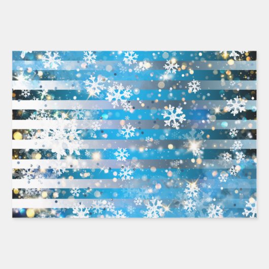 Sneeuwvlokken Sparkles and Lights on Blue Stripes Inpakpapier Vel (Voorkant 2)