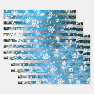 Sneeuwvlokken Sparkles and Lights on Blue Stripes Inpakpapier Vel