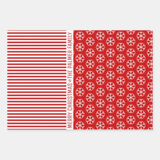 Sneeuwvlokken, strepen, bomen en wensen rood inpakpapier vel (Voorkant)