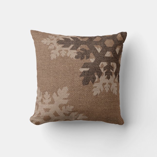 Sneeuwvlokken tegen Rustic Faux Burlap Holiday Chi Kussen (Voorkant)