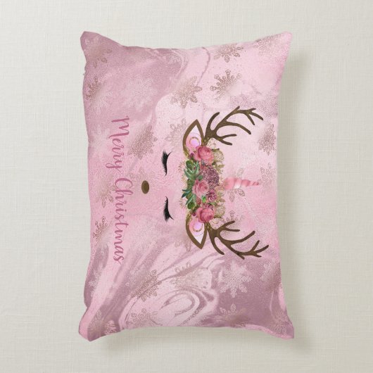 Sneeuwvlokken van goudmarmeren eenhoornrendieren i accent kussen (Voorkant(Verticaal))