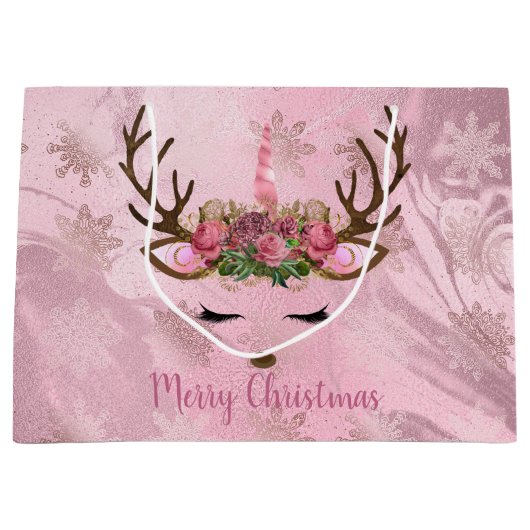 Sneeuwvlokken van goudmarmeren eenhoornrendieren i groot cadeauzakje (Voorkant)