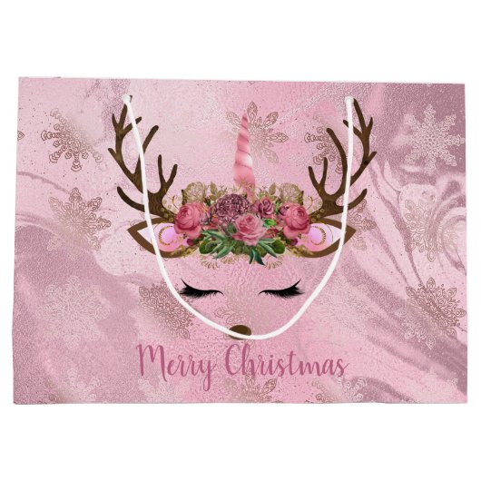 Sneeuwvlokken van goudmarmeren eenhoornrendieren i groot cadeauzakje (Achterkant)