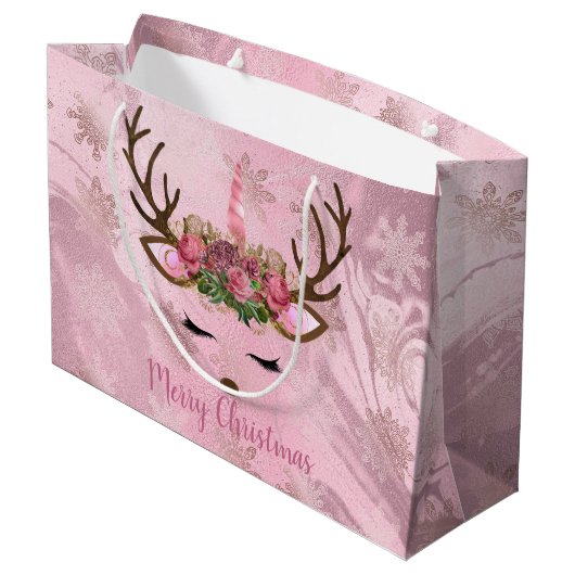 Sneeuwvlokken van goudmarmeren eenhoornrendieren i groot cadeauzakje (Achterkant Gekanteld)