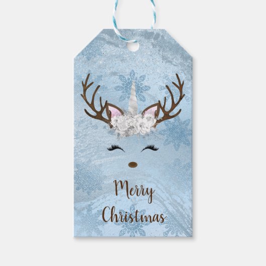 Sneeuwvlokken van jonge blauwe marmer-eenhoornrend cadeaulabel (Voorkant)