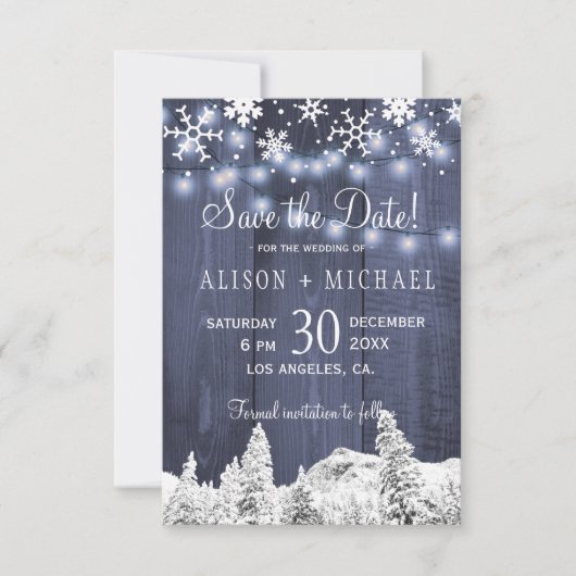 Sneeuwvlokken van snaarlampen sparen date bruiloft save the date (Voorkant)