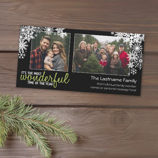 Sneeuwvlokken voor feestdagen met twee horizontale feestdagenkaart