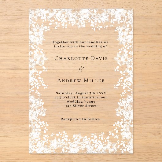 Sneeuwvlokken winter duidelijke bruiloft acryl uitnodigingen (Voorkant)