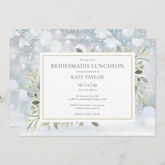 Sneeuwvlokken Winter Groene Bruidsmeisjes Luncheon Kaart (Voorkant / Achterkant)
