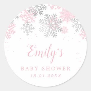 Sneeuwvlokken Winter Roze En Zilver Meisje Baby sh Ronde Sticker