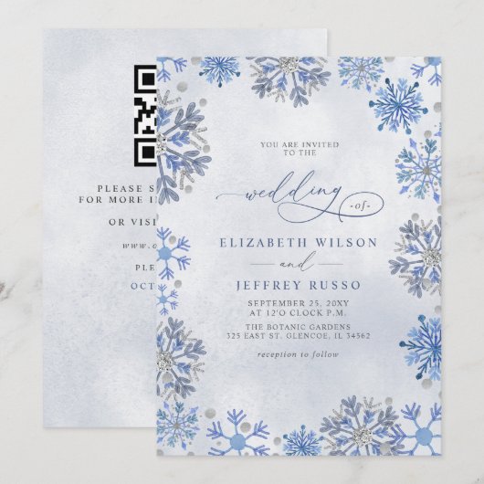 Sneeuwvlokken Zilver Blauw Winter QR Code Bruiloft Kaart (Voorkant / Achterkant)