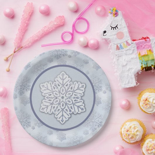 Sneeuwvlokken Zilveren Glitter Dusty Blue Papieren Bordje (Feest)