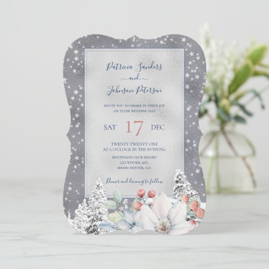 Sneeuwvlokken zilveren winter rustieke bloemen bru kaart (Staand voorkant)